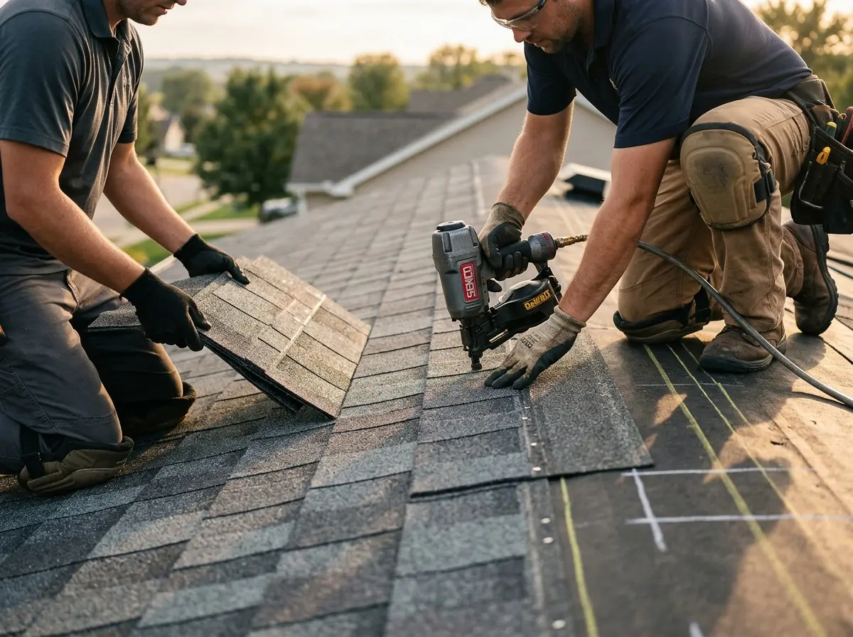 Professional roofer working on a residential roof in Howard